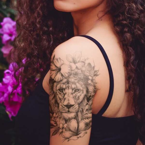 Floral Lioness Temporary Tattoo Body Art - Picture 2 of 2